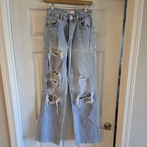 Zara Light Blue Distressed Wide Leg Jeans